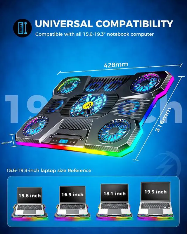 Alt view image 7 of 7 - ChillCore Laptop Cooling Pad, RGB Lights Laptop Cooler 9 Fans for 15.6-19.3 Inch Laptops, Gaming Laptop Fan Cooling Pad with 8 Height Stands, 2 USB Ports - A21 Blue