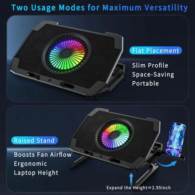 Alt view image 3 of 7 - LP-2 Laptop Cooling Pad & Phone Holder, Dual-Mode Ergonomic Laptop Cooling Stand with 7 Adjustable Heights, 5 RGB High-Performance Quiet Laptop Fans, 2 USB Ports & 3 Speeds Laptop Cooler for 1521Inch