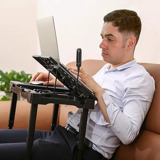 Alt view image 3 of 7 - Foldable Laptop Table with Cooling Fan, LED Light, 4 x USB Ports, Mouse Pad & Storage Groove for Laptop Use in Home Office