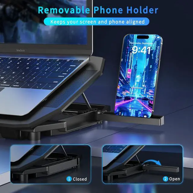 Alt view image 4 of 7 - LP-2 Laptop Cooling Pad & Phone Holder, Dual-Mode Ergonomic Laptop Cooling Stand with 7 Adjustable Heights, 5 RGB High-Performance Quiet Laptop Fans, 2 USB Ports & 3 Speeds Laptop Cooler for 1521Inch