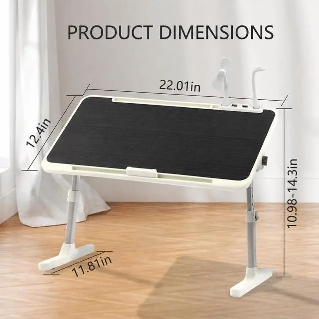 Alt view image 2 of 7 - Laptop Desk for Bed, Height & Angle Adjustable Lap Desk with USB Cooling Fan, LED Light and USB Ports, Foldable Portable Laptop Table for Couch, Sofa, Floor, Reading, Writing, Black