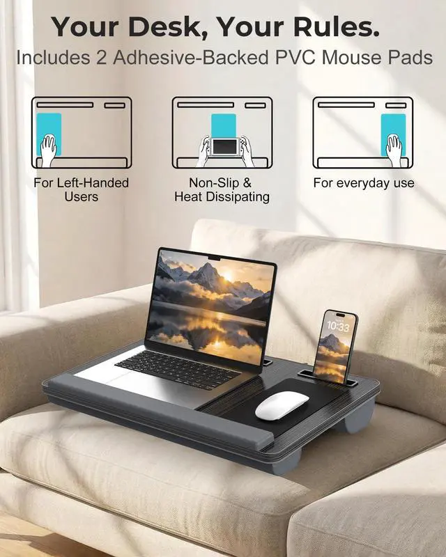 Alt view image 2 of 7 - Potuopy Laptop Lap Desk, Portable Bed Table Tray for Laptop Fit 17" Laptops | Lightweight Lap Desk for Laptop with Carry Handle & 2 Mouse Pad, Lap Desk with Cusion for Working & Writing on Couch Recli