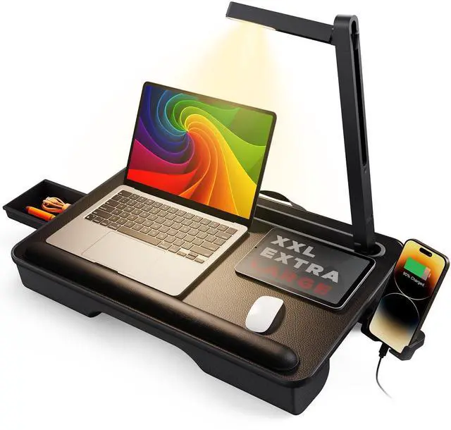 Main image of SAIJI Lap Desk with LED Light, Portable Laptop Tray with Cushion | Fits Up to 17" Laptops & MacBook, Lap Desks for Writing and Working, Leather Top, with Drawer, Wrist Rest and Phone Holder