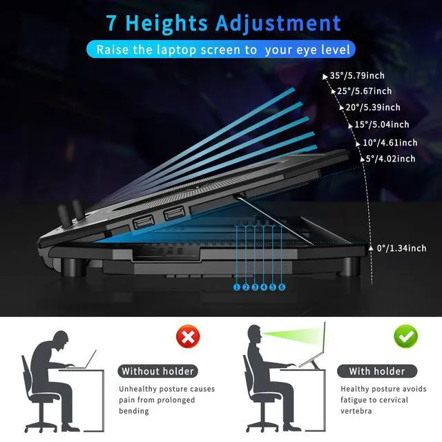Alt view image 5 of 7 - LP-2 Laptop Cooling Pad & Phone Holder, Dual-Mode Ergonomic Laptop Cooling Stand with 7 Adjustable Heights, 5 RGB High-Performance Quiet Laptop Fans, 2 USB Ports & 3 Speeds Laptop Cooler for 1521Inch