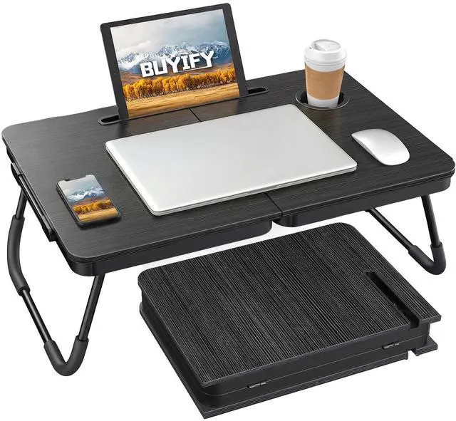 Main image of BUYIFY 23.4" Foldable Lap Desk Bed Table with Cup Holder Tray Black | Portable Folds Flat for Easy Storage, No Assembly Laptop Bed Desk, Sturdy and Lightweight, Patent Design