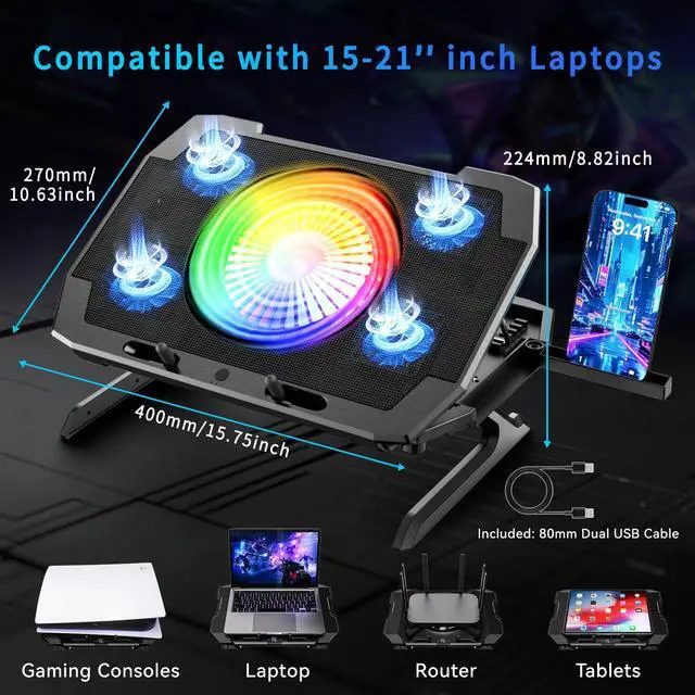 Alt view image 6 of 7 - LP-2 Laptop Cooling Pad & Phone Holder, Dual-Mode Ergonomic Laptop Cooling Stand with 7 Adjustable Heights, 5 RGB High-Performance Quiet Laptop Fans, 2 USB Ports & 3 Speeds Laptop Cooler for 1521Inch