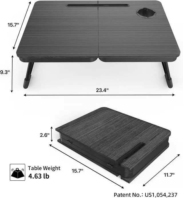 Alt view image 2 of 7 - BUYIFY 23.4" Foldable Lap Desk Bed Table with Cup Holder Tray Black | Portable Folds Flat for Easy Storage, No Assembly Laptop Bed Desk, Sturdy and Lightweight, Patent Design