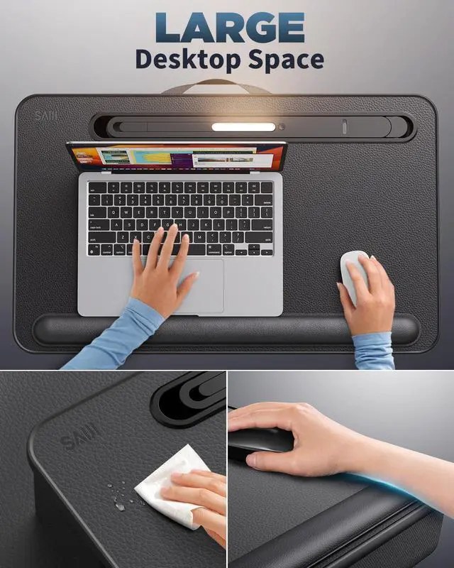 Alt view image 4 of 7 - SAIJI Lap Desk with LED Light, Portable Laptop Tray with Cushion | Fits Up to 17" Laptops & MacBook, Lap Desks for Writing and Working, Leather Top, with Drawer, Wrist Rest and Phone Holder