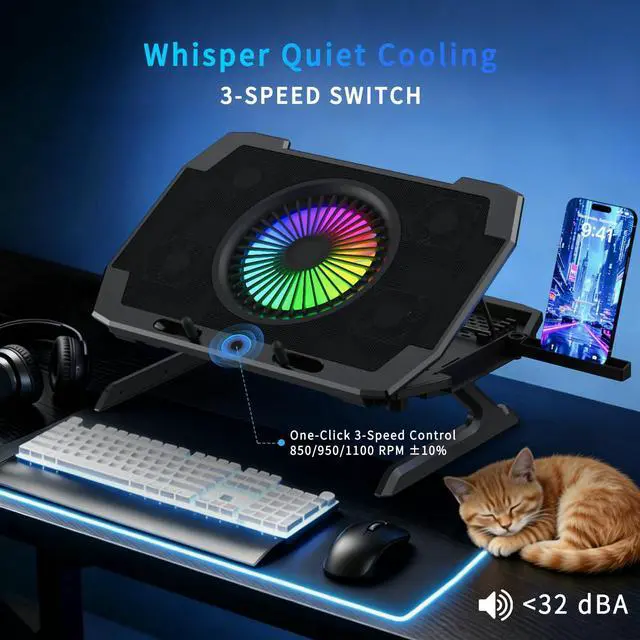 Alt view image 7 of 7 - LP-2 Laptop Cooling Pad & Phone Holder, Dual-Mode Ergonomic Laptop Cooling Stand with 7 Adjustable Heights, 5 RGB High-Performance Quiet Laptop Fans, 2 USB Ports & 3 Speeds Laptop Cooler for 1521Inch