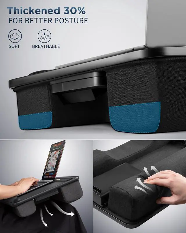 Alt view image 5 of 7 - SAIJI Lap Desk with LED Light, Portable Laptop Tray with Cushion | Fits Up to 17" Laptops & MacBook, Lap Desks for Writing and Working, Leather Top, with Drawer, Wrist Rest and Phone Holder