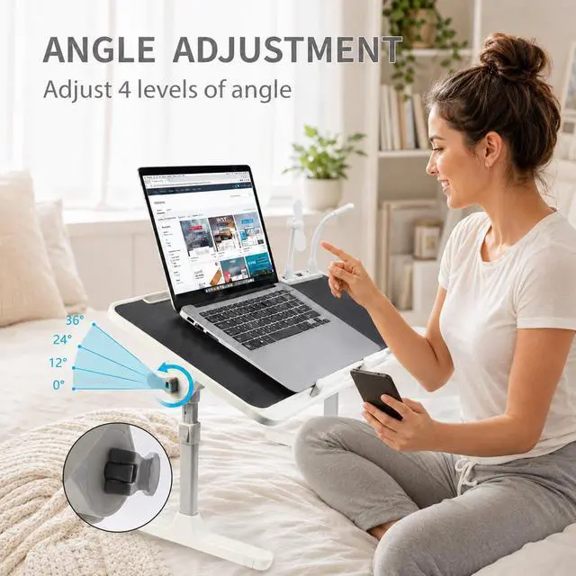 Alt view image 6 of 7 - Laptop Desk for Bed, Height & Angle Adjustable Lap Desk with USB Cooling Fan, LED Light and USB Ports, Foldable Portable Laptop Table for Couch, Sofa, Floor, Reading, Writing, Black