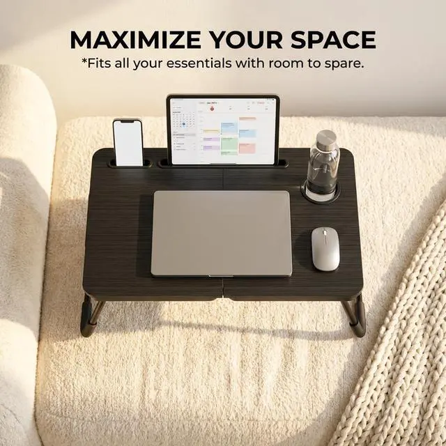 Alt view image 3 of 7 - BUYIFY 23.4" Foldable Lap Desk Bed Table with Cup Holder Tray Black | Portable Folds Flat for Easy Storage, No Assembly Laptop Bed Desk, Sturdy and Lightweight, Patent Design