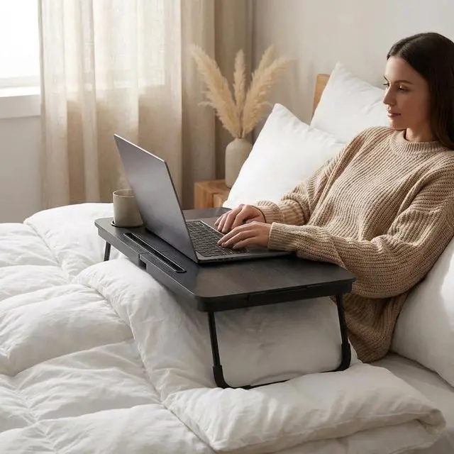 Alt view image 5 of 7 - BUYIFY 23.4" Foldable Lap Desk Bed Table with Cup Holder Tray Black | Portable Folds Flat for Easy Storage, No Assembly Laptop Bed Desk, Sturdy and Lightweight, Patent Design