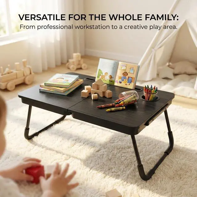 Alt view image 6 of 7 - BUYIFY 23.4" Foldable Lap Desk Bed Table with Cup Holder Tray Black | Portable Folds Flat for Easy Storage, No Assembly Laptop Bed Desk, Sturdy and Lightweight, Patent Design