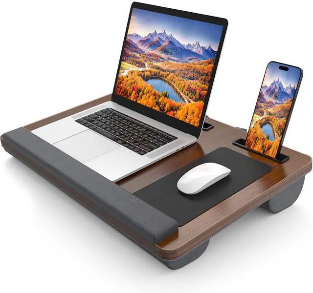 Main image of HETTHI Laptop Lap Desk, Portable Large Laptop Desk for Bed, Up to 17 in Lap Table with Wrist Rest, Mouse Pad, Tablet Phone Slot, Portable Handle, Lap Tray with Cushion (Dark Brown)