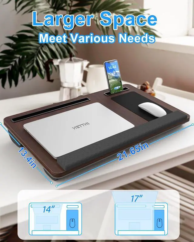 Alt view image 2 of 7 - HETTHI Laptop Lap Desk, Portable Large Laptop Desk for Bed, Up to 17 in Lap Table with Wrist Rest, Mouse Pad, Tablet Phone Slot, Portable Handle, Lap Tray with Cushion (Dark Brown)