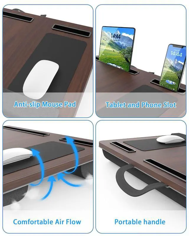 Alt view image 4 of 7 - HETTHI Laptop Lap Desk, Portable Large Laptop Desk for Bed, Up to 17 in Lap Table with Wrist Rest, Mouse Pad, Tablet Phone Slot, Portable Handle, Lap Tray with Cushion (Dark Brown)