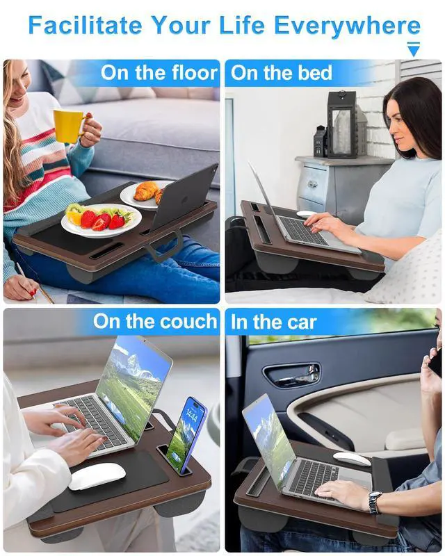 Alt view image 6 of 7 - HETTHI Laptop Lap Desk, Portable Large Laptop Desk for Bed, Up to 17 in Lap Table with Wrist Rest, Mouse Pad, Tablet Phone Slot, Portable Handle, Lap Tray with Cushion (Dark Brown)