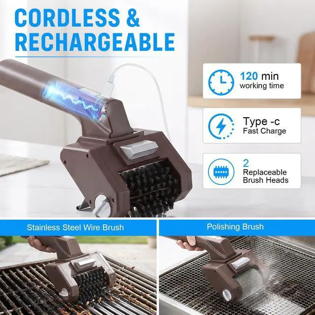 Alt view image 4 of 7 - Electric Grill Brush, Cordless BBQ Grills Cleaner Scrubber Kit | Rechargeable, mesh steel combined, up to 350 RPM, no bristles, no preheating, blasts burnt-on food, cast iron