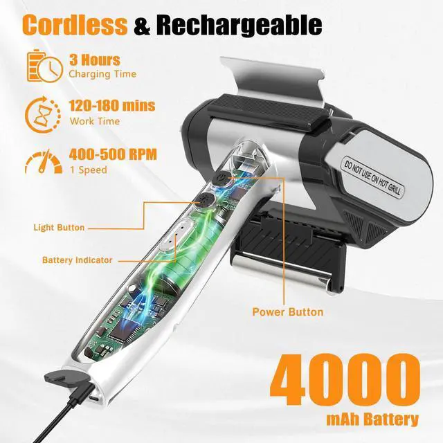 Alt view image 4 of 7 - Electric Grill Brush, BBQ Grill Cleaner for Outdoor Grill with LED Light Removable 304 Stainless Steel Brush Head Cordless Grill Cleaning Brush 150 Mins Runtime No Bristle Shedding for Barbecue Grates