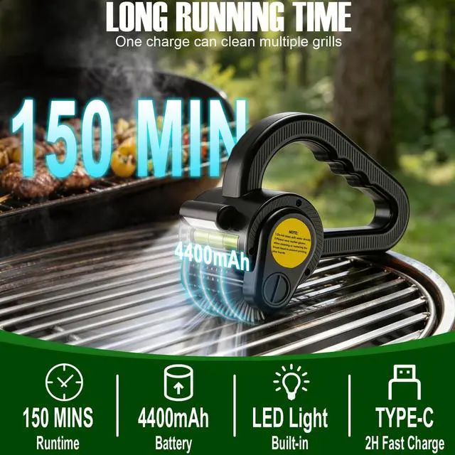 Alt view image 3 of 7 - Electric Grill Brush for Outdoor Grill - 4400mAh Rechargeable BBQ Grill Cleaner with LED Light/Screen,150-Min Runtime Cordless Grill Cleaning Brush for Barbecue Grates, No Bristle Shedding