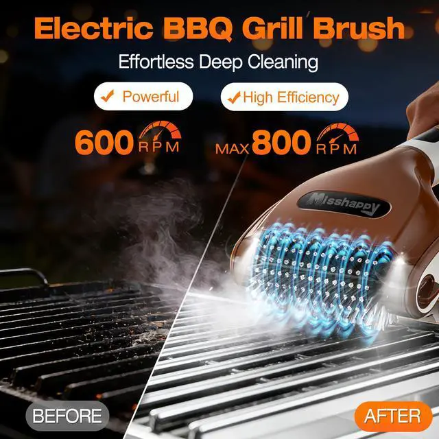 Alt view image 2 of 7 - Electric BBQ Grill Brush - 4000mAh Cordless BBQ Grill Cleaner 2 Speed - 800RPM Bristle Free Electric Grill Cleaner for Outdoor Grill Rechargeable with Scraper/LED Light/LED Display (Brown)