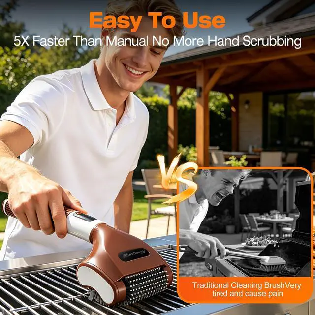 Alt view image 3 of 7 - Electric BBQ Grill Brush - 4000mAh Cordless BBQ Grill Cleaner 2 Speed - 800RPM Bristle Free Electric Grill Cleaner for Outdoor Grill Rechargeable with Scraper/LED Light/LED Display (Brown)
