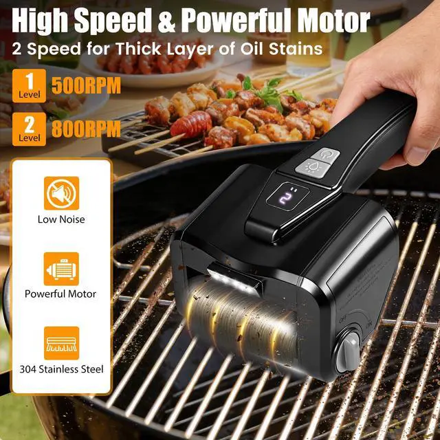 Alt view image 2 of 7 - Electric Grill Brush for Outdoor Grill,Electric Grill Cleaner with 800 RPM Motor,Stainless Steel No Shedding Bristle Head,Cordless & Type-C Rechargeable,4000mAh BBQ Grill Brush with LED Light