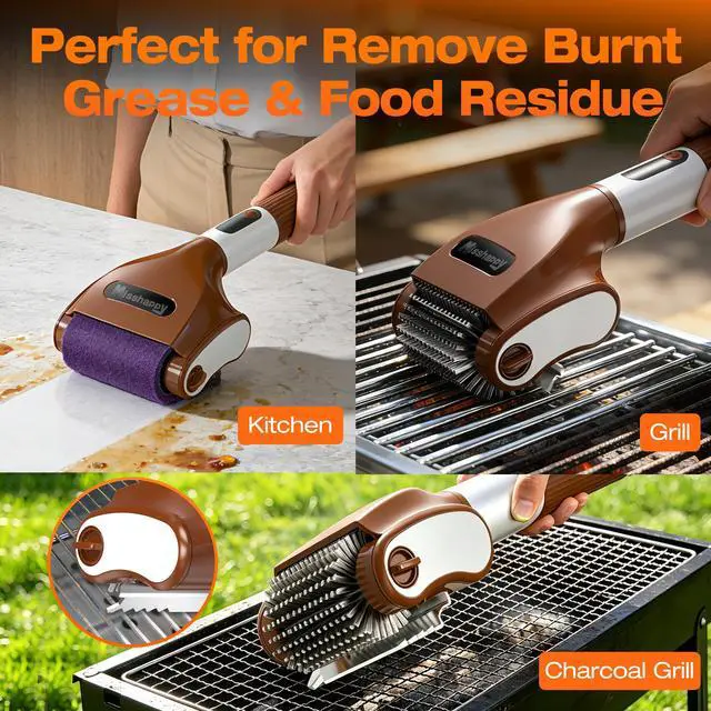 Alt view image 6 of 7 - Electric BBQ Grill Brush - 4000mAh Cordless BBQ Grill Cleaner 2 Speed - 800RPM Bristle Free Electric Grill Cleaner for Outdoor Grill Rechargeable with Scraper/LED Light/LED Display (Brown)