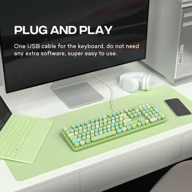 Alt view image 2 of 7 - Atelus Computer Keyboard Wired, Typewriter Style, Plug Play USB Keyboard with Large Number Pad, Caps Indicators, Foldable Stands, Full Size Wired Keyboard for Windows PC Laptop (Green Colorful)