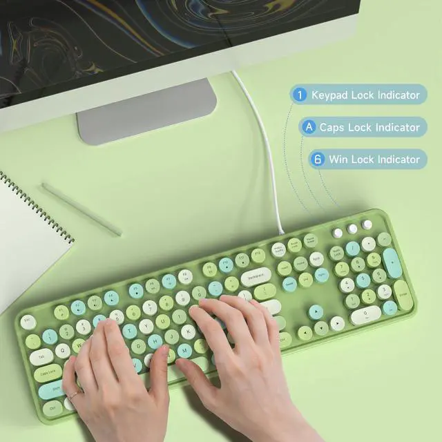 Alt view image 3 of 7 - Atelus Computer Keyboard Wired, Typewriter Style, Plug Play USB Keyboard with Large Number Pad, Caps Indicators, Foldable Stands, Full Size Wired Keyboard for Windows PC Laptop (Green Colorful)