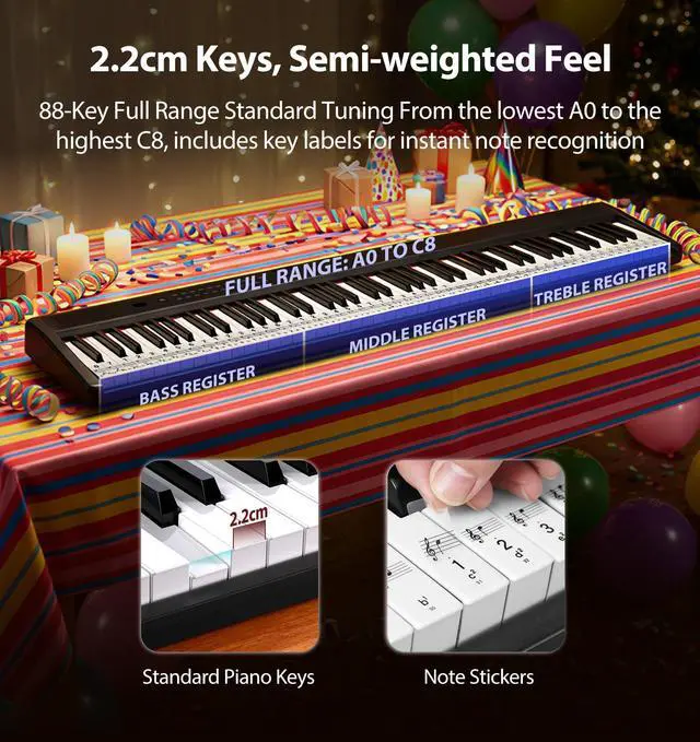 Alt view image 2 of 7 - MARVTOWN Portable Folding Piano Keyboard,88Keys Semi-Weighted Full Size,Foldable Digital Piano, Rechargeable Electric/Electronic Keyboard Piano w/MIDI Bluetooth&2 Speakers&Carry-case Beginners Gift