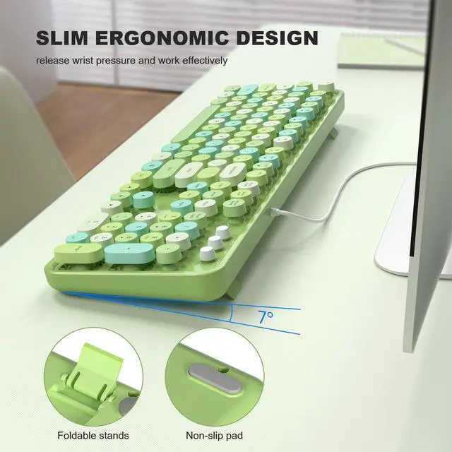 Alt view image 4 of 7 - Atelus Computer Keyboard Wired, Typewriter Style, Plug Play USB Keyboard with Large Number Pad, Caps Indicators, Foldable Stands, Full Size Wired Keyboard for Windows PC Laptop (Green Colorful)