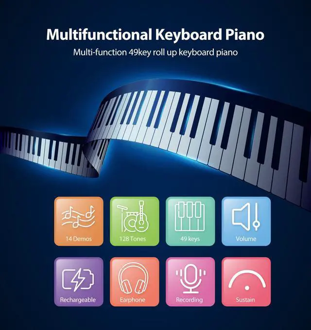 Alt view image 5 of 7 - MARVTOWN 49Key Roll Up Digital Piano Keyboard,Portable Foldable Electronic Piano with speaker,earphones,8 Tones,6 Demo Songs,Rechargeable Flexible musical keyboard for Beginners&Kids(Black&White)