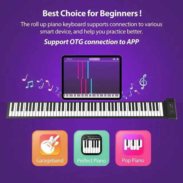 Alt view image 2 of 6 - 88Keys Flexible Roll Up Piano Keyboard, MARVTOWN Portable Foldable Electric Keyboard Piano,108 Rhythms,128 Tones,Silicone Folding Piano with MIDI&Speaker&Headphone jack For Beginners Travelling