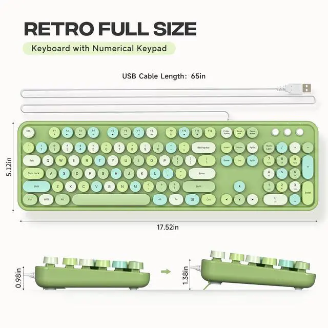 Alt view image 7 of 7 - Atelus Computer Keyboard Wired, Typewriter Style, Plug Play USB Keyboard with Large Number Pad, Caps Indicators, Foldable Stands, Full Size Wired Keyboard for Windows PC Laptop (Green Colorful)
