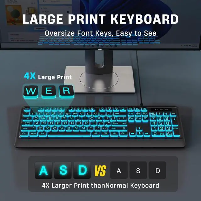 Alt view image 3 of 7 - KOPJIPPOM Large Print Keyboard - 7 Interchangeable Backlight Colors, Light Up USB Wired Computer Keyboards, USB Plug-and-Play, Foldable Stands, Corded Full Size Keyboard for Windows, PC, Laptop