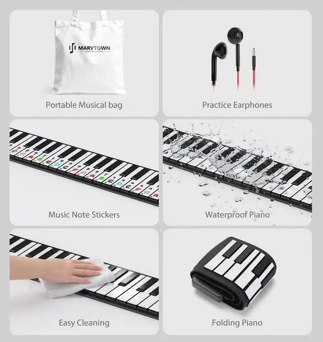 Alt view image 6 of 7 - MARVTOWN 49Key Roll Up Digital Piano Keyboard,Portable Foldable Electronic Piano with speaker,earphones,8 Tones,6 Demo Songs,Rechargeable Flexible musical keyboard for Beginners&Kids(Black&White)