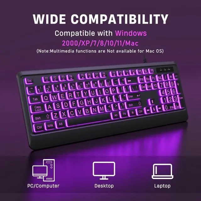 Alt view image 4 of 7 - KOPJIPPOM Large Print Keyboard - 7 Interchangeable Backlight Colors, Light Up USB Wired Computer Keyboards, USB Plug-and-Play, Foldable Stands, Corded Full Size Keyboard for Windows, PC, Laptop