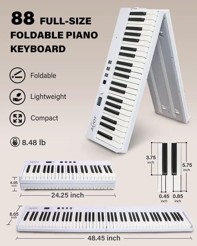 Alt view image 5 of 7 - AiJoy 88-Key Piano Keyboard with Semi-Weighted Keys Portable Foldable Piano | Electric Piano with 128 Tones, Built-in Speakers and Battery, USB-MIDI, Sustain Pedal, Carry-Bag Travel Piano for Beginner