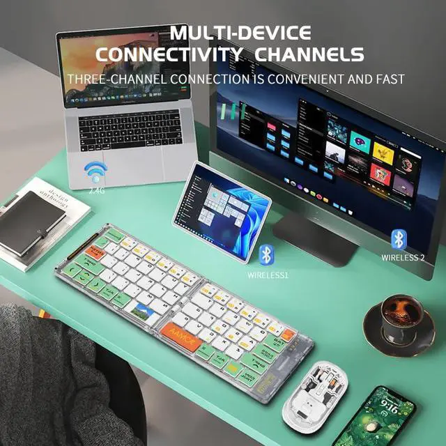Alt view image 5 of 7 - Wireless BT Foldable Keyboard and Mouse Combo,Ultra Slim, Rechargeable, Silent, Portable Travel Keyboard for Laptop, Tablet,Phone (Green)