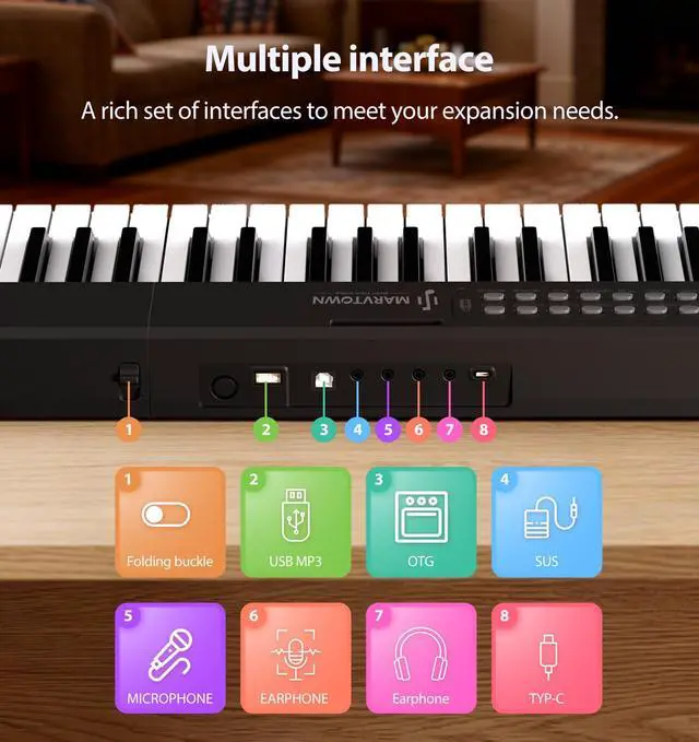 Alt view image 7 of 7 - MARVTOWN Portable Folding Piano Keyboard,88Keys Semi-Weighted Full Size,Foldable Digital Piano, Rechargeable Electric/Electronic Keyboard Piano w/MIDI Bluetooth&2 Speakers&Carry-case Beginners Gift