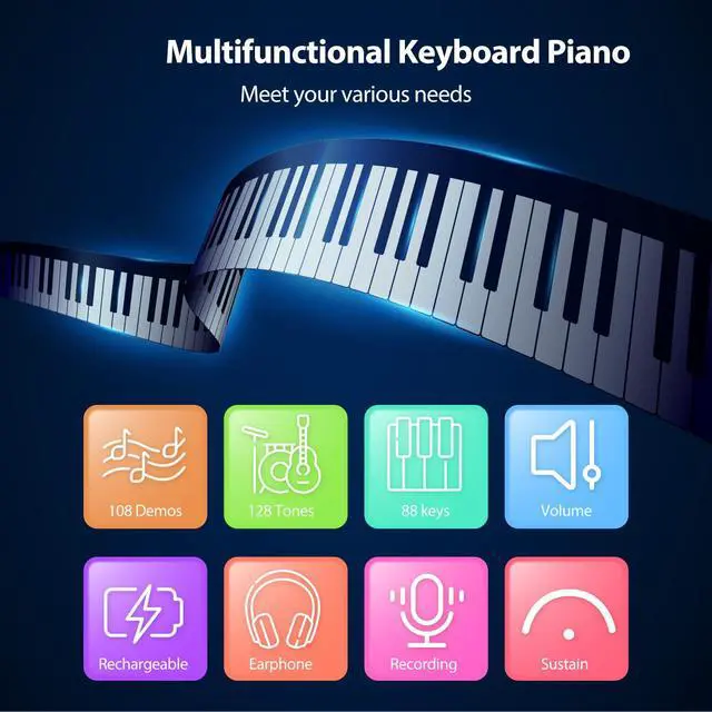 Alt view image 4 of 6 - 88Keys Flexible Roll Up Piano Keyboard, MARVTOWN Portable Foldable Electric Keyboard Piano,108 Rhythms,128 Tones,Silicone Folding Piano with MIDI&Speaker&Headphone jack For Beginners Travelling