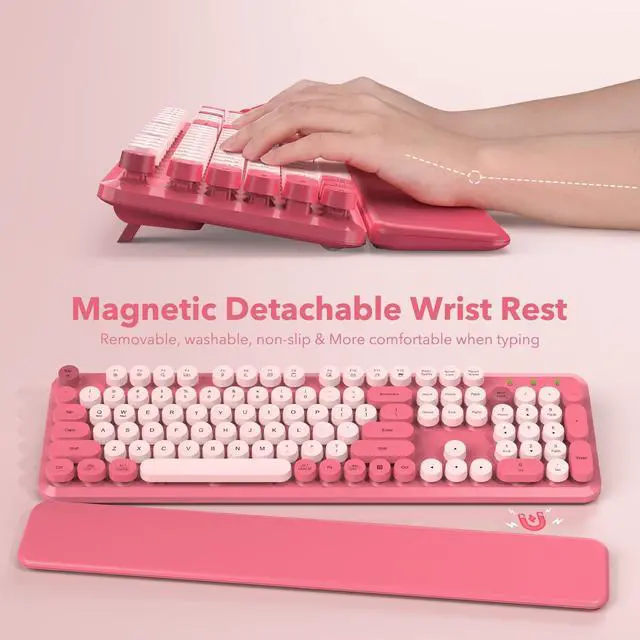 Alt view image 2 of 7 - Wireless Keyboard and Mouse Combo, Round Keycaps, Magnetic Wrist Rest, Pink | Full-Size Retro Typewriter-Style Keyboard, Tilt Legs, Auto Sleep, 2.4GHz Cordless for MacOS, Windows PC, Laptop, SABLUTE C