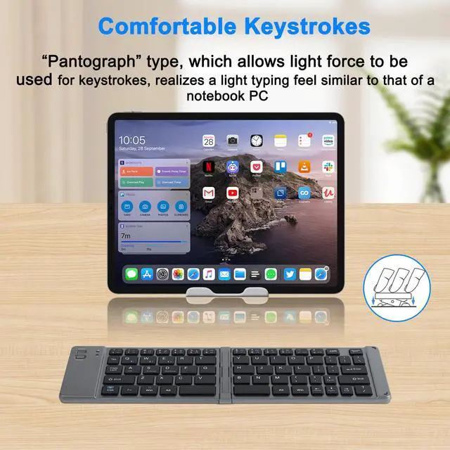 Alt view image 2 of 7 - Foldable Bluetooth Keyboard Portable Ultra Slim Multi Device Mini Wireless Keyboards 66 Keys Pocket Size Rechargeable Keyboards Tri-Mode Cordless Keyboard for Laptop Tablet PC Windows iOS Android Gray