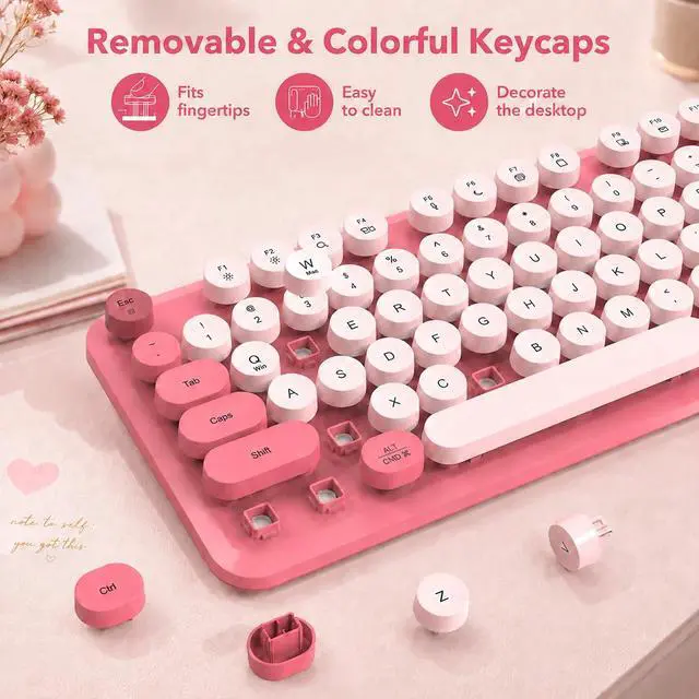 Alt view image 6 of 7 - Wireless Keyboard and Mouse Combo, Round Keycaps, Magnetic Wrist Rest, Pink | Full-Size Retro Typewriter-Style Keyboard, Tilt Legs, Auto Sleep, 2.4GHz Cordless for MacOS, Windows PC, Laptop, SABLUTE C