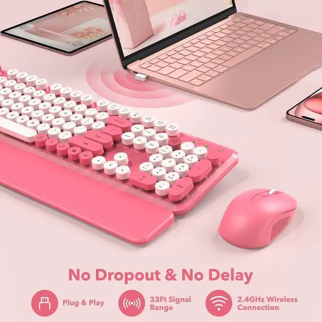 Alt view image 7 of 7 - Wireless Keyboard and Mouse Combo, Round Keycaps, Magnetic Wrist Rest, Pink | Full-Size Retro Typewriter-Style Keyboard, Tilt Legs, Auto Sleep, 2.4GHz Cordless for MacOS, Windows PC, Laptop, SABLUTE C