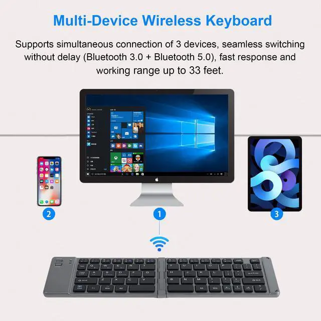 Alt view image 4 of 7 - Foldable Bluetooth Keyboard Portable Ultra Slim Multi Device Mini Wireless Keyboards 66 Keys Pocket Size Rechargeable Keyboards Tri-Mode Cordless Keyboard for Laptop Tablet PC Windows iOS Android Gray