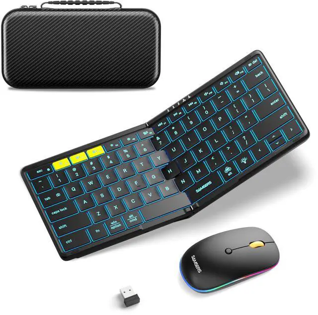 Main image of Samsers Full-Size Travel Foldable Keyboard and Mouse with Backlight, Black | 0.65in Keycap, Backlit, PU Leather Cover, Portable Wireless Mouse, Hard Case, 2.4G + BT5.0 x 2, Work Efficiency, On-the-go