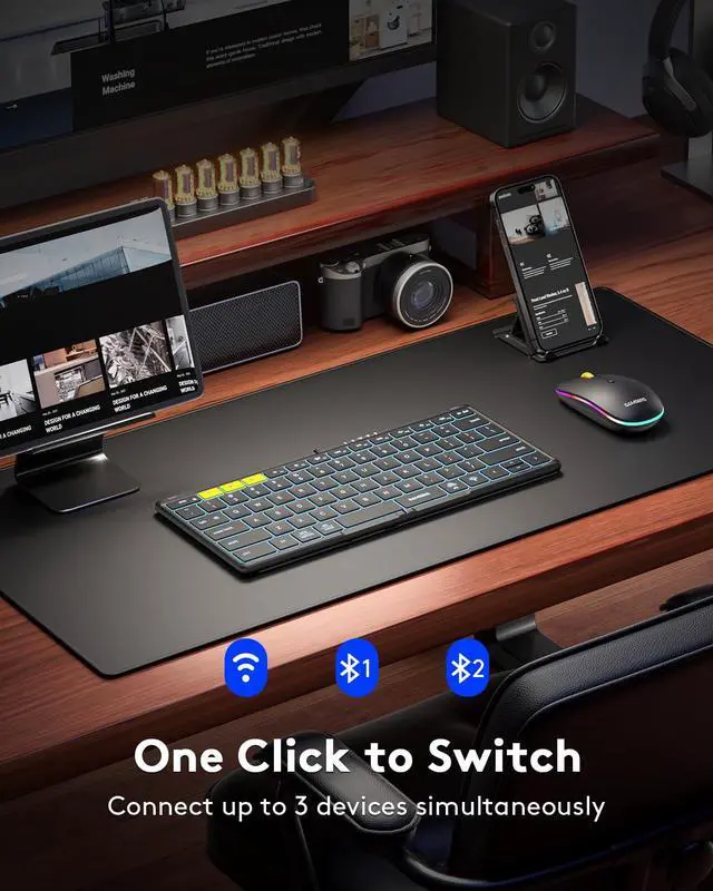 Alt view image 2 of 7 - Samsers Full-Size Travel Foldable Keyboard and Mouse with Backlight, Black | 0.65in Keycap, Backlit, PU Leather Cover, Portable Wireless Mouse, Hard Case, 2.4G + BT5.0 x 2, Work Efficiency, On-the-go